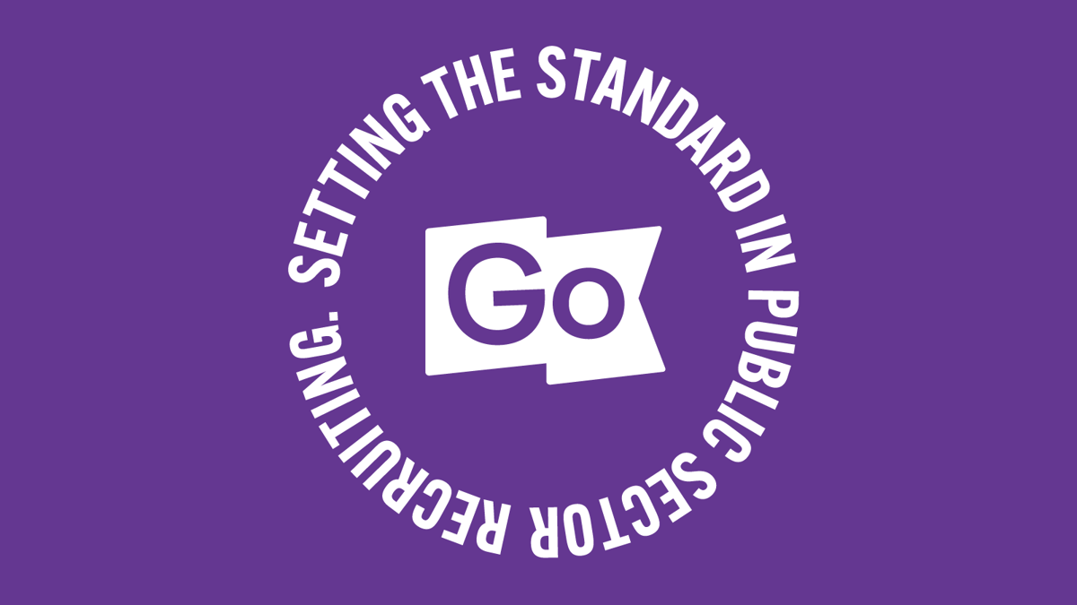 Circular stamp with the text: "Setting the standard in public sector recruiting" surrounding a Jobs Go Public "Go" flag logo
